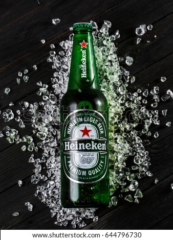 Gomel.Belarus - May 18.2017. Heineken Lager Beer (Dutch: Heineken), or simply Heineken, is a pale lager beer with 5% alcohol by volume produced by the Dutch brewing company Heineken International.