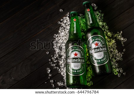 Gomel.Belarus - May 18.2017. Heineken Lager Beer (Dutch: Heineken), or simply Heineken, is a pale lager beer with 5% alcohol by volume produced by the Dutch brewing company Heineken International.
