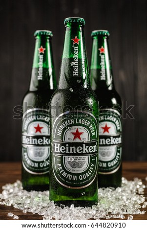 Gomel.Belarus - May 18.2017. Heineken Lager Beer (Dutch: Heineken), or simply Heineken, is a pale lager beer with 5% alcohol by volume produced by the Dutch brewing company Heineken International.