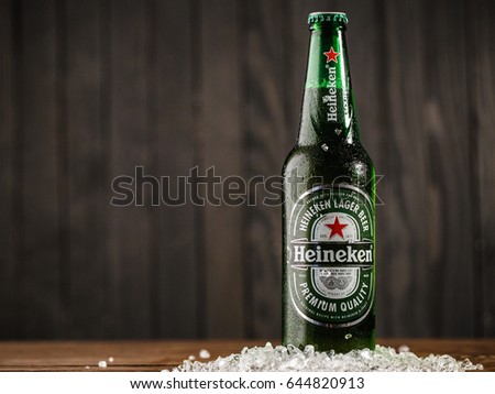 Gomel.Belarus - May 18.2017. Heineken Lager Beer (Dutch: Heineken), or simply Heineken, is a pale lager beer with 5% alcohol by volume produced by the Dutch brewing company Heineken International.