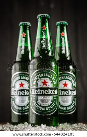 Gomel.Belarus - May 18.2017. Heineken Lager Beer (Dutch: Heineken), or simply Heineken, is a pale lager beer with 5% alcohol by volume produced by the Dutch brewing company Heineken International.