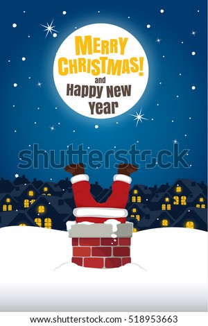 Santa Claus Stuck In The Chimney On Snow Roof with Moon. Christmas Cartoon Vector Illustration.