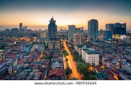 Hanoi, Vietnam - June 30, 2016:Aerial view of Hanoi skyline cityscape at sunset time