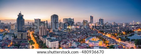 Hanoi, Vietnam - June 30, 2016:Aerial view of Hanoi skyline cityscape at sunset time