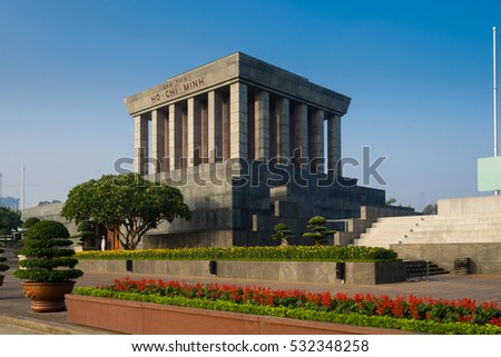 HANOI, VIETNAM - NOV 06, 2016 - Ho Chi Min mausoleum is a large memorial in downtown Hanoi surrounded by Ba Dinh Square. It houses the embalmed body of former Vietnamese leader president Ho Chi Minh
