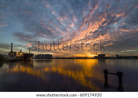 Ho Chi Minh city, Viet Nam - Mar 26, 2017: Bach Dang harbour over the sunrise, Sai Gon, Viet Nam.