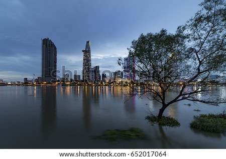 HO CHI MINH CITY, VIET NAM - JUNE 02, 2017: Ho Chi Minh city at night after the rain, Sai Gon, Viet Nam.