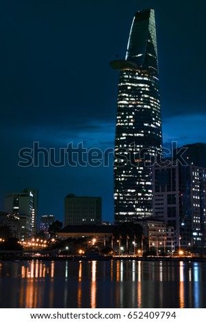 HO CHI MINH CITY, VIET NAM - JUNE 03, 2017: Ho Chi Minh city at night, Sai Gon, Viet Nam. View from Thu Thiem tunel to Bitexco tower and many other buidings.