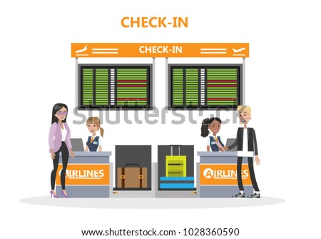 Airport check in. Passengers with laggage and tickets.