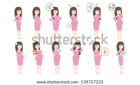 Pregnancy symptoms set on white background. Sickness and vomiting, stomachache and burping.