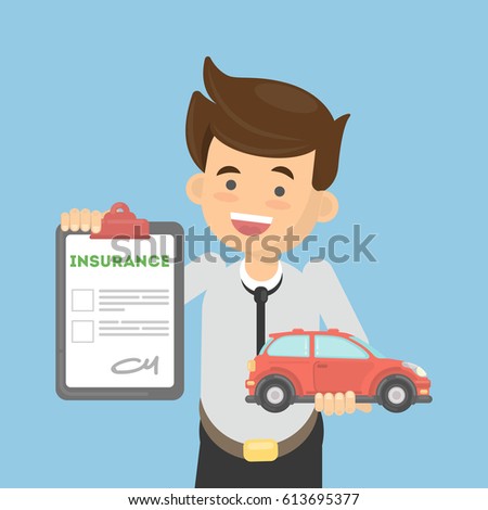 Man shows car insurance. Happy boy holds car and document.