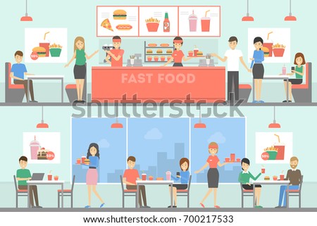 Fast Food Restaurant Interior Set People Stock Vector 700217533 ...