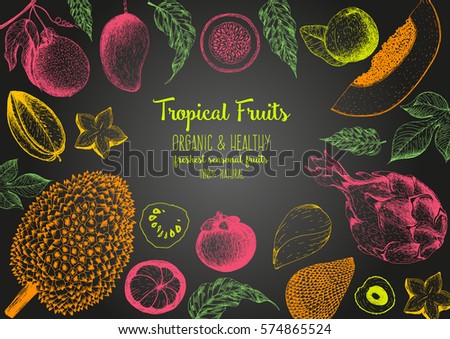 Tropical Fruits top view frame. Farmers market menu design. Healthy food poster. Vintage hand drawn sketch, vector illustration. Linear graphic