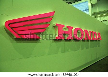 Kiev,Ukraine-28 of April,2012.Logo Honda,Honda logotype,Honda international industrial company for the production of cars and motorcycles.Detail of Honda stand