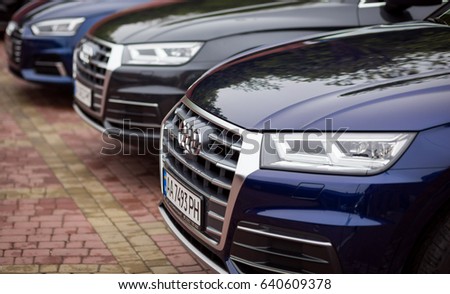 Vinnitsa, Ukraine - May 14, 2017. Audi Q5.Front of the car, logo Audi,diesel,TFSI engine, quattro system, luxury car, modern car. Presentation of the new model car- Audi Q5