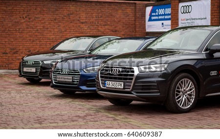 Vinnitsa, Ukraine - May 14, 2017. Audi Q5.Front of the car, logo Audi,diesel,TFSI engine, quattro system, luxury car, modern car. Presentation of the new model car- Audi Q5