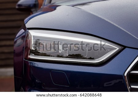 Vinnitsa, Ukraine - May 14, 2017. Audi A5 Sportback car.Front of the car, logo Audi,diesel,TFSI engine, quattro system, sportcar, luxury car,sport sedan, modern car. Presentation Audi A5 Sportback
