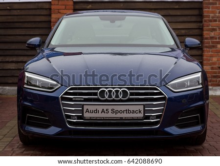Vinnitsa, Ukraine - May 14, 2017. Audi A5 Sportback car.Front of the car, logo Audi,diesel,TFSI engine, quattro system, sportcar, luxury car,sport sedan, modern car. Presentation Audi A5 Sportback