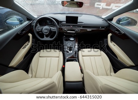 Vinnitsa, Ukraine - May 14, 2017. Audi A5 Sportback car.Front of the car, logo Audi,diesel, quattro system, sportcar. Presentation - Audi A5 Sportback.Inside the car,steering wheel,interior of the car