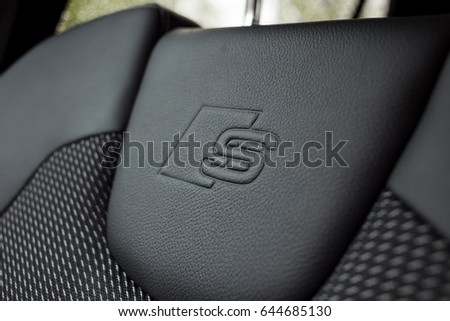 Vinnitsa, Ukraine - May 14, 2017. Audi Q2 concept car.Audi Q2. Front of the car,front-side, logo Audi, showroom, modern car. Presentation - Audi Q2.Inside the car,steering wheel,interior of the car