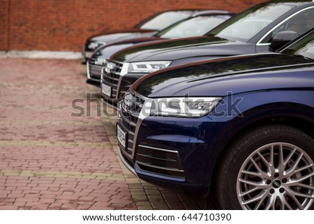 Vinnitsa, Ukraine - May 14, 2017. Audi Q5.Front of the car, logo Audi,diesel,TFSI engine, quattro system, luxury car, modern car. Presentation of the new model car- Audi Q5