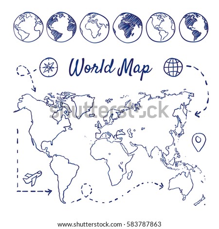 Doodle Set World Map Globes Airplane Stock Vector 583787863 - Shutterstock