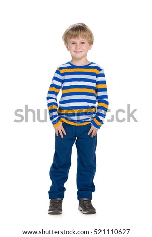 A portrait of a cute fashion little boy on the white background