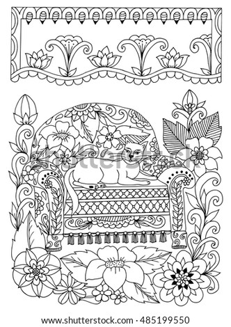 Vector Illustration Zentangl Cat On A Chair In Flowers Doodle Drawing Meditative Exercises