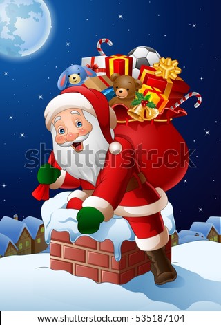 Cartoon Santa Claus enters a home through the Chimney