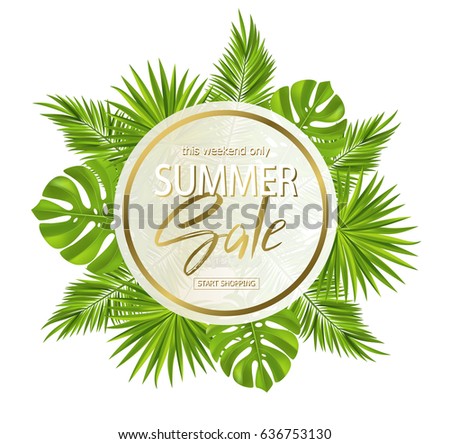 Summer sale banner, poster with palm leaves, jungle leaf and handwriting lettering. Floral tropical background. Vector illustration EPS10.