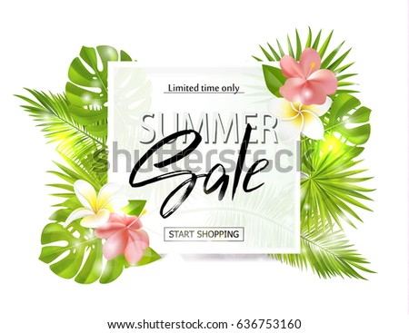 Summer sale banner, poster with palm leaves, jungle leaf, tropical flowers and handwriting lettering. Vector illustration EPS10