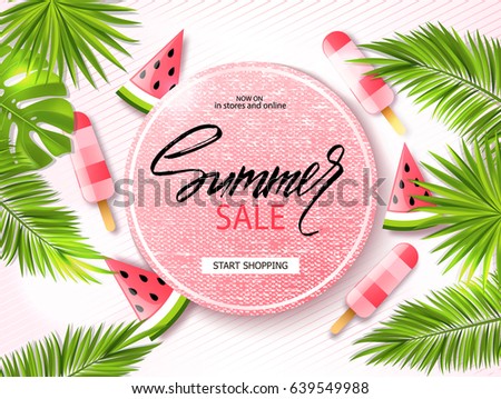 Summer sale banner, poster with palm leaves, jungle leaf, ice cream, watermelon and handwriting lettering. Tropical background. Vector illustration EPS10
