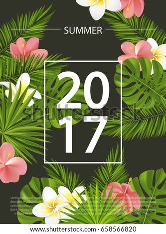 Trendy summer card, banner, poster with tropical flowers, plants and leaves . Vector illustration