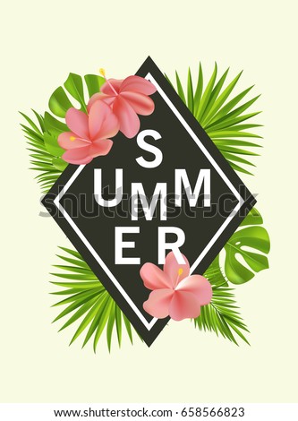 Trendy summer card, banner, poster with tropical flowers, plants and leaves . Vector illustration