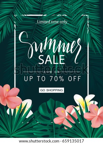 Summer sale. Tropical banner, poster with beautiful flowers, plants and leaves . Vector illustration