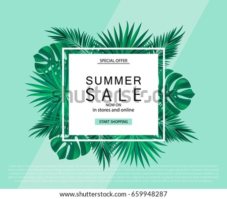 Summer sale banner, poster with tropical plants and leaves. Vector illustration.