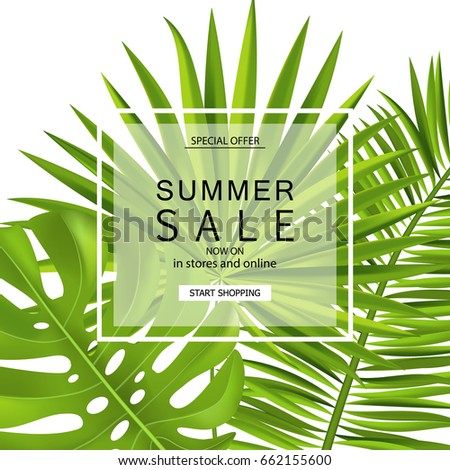 Summer sale banner, poster with tropical plants and leaves. Vector illustration.
