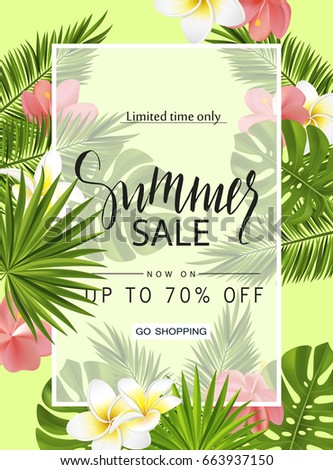 Summer sale banner, poster with tropical plants, leaves and flowers. Vector illustration