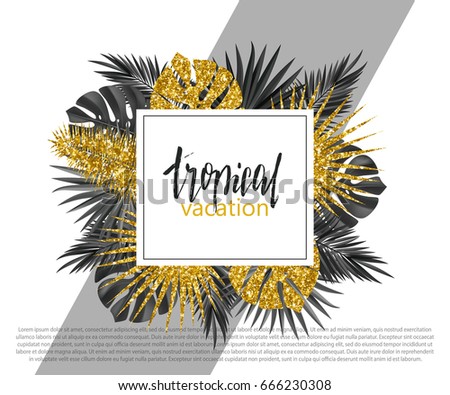Trendy summer banner, poster with golden tropical plants and leaves . Vector universal background with place for text