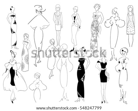 Woman In Designer Clothes Sketches Feminine Dresses Silhouettes Female Lines Woman In Designer Clothes Sketches Feminine Dresses Silhouettes Female Lines