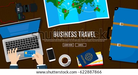 Business Trip Hotel Reservations Using Laptop Passport With Tickets Photo Camera Travel Business Trip Hotel Reservations Using Laptop Passport With Tickets Photo Camera Travel