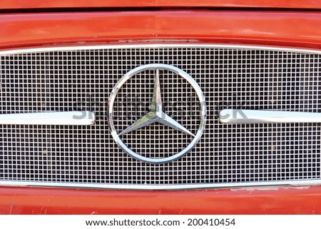 HARD, AUSTRIA - JUNE 21, 2014 Close up of the logo of Mercedes Benz on an oldtimer fire truck on the "1. International Oldtimer Fire Trucks Meeting" in Hard in Austria