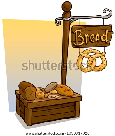Cartoon bakers vendor booth or baker shop market wooden stand. Wooden sign with text Bread. Vector icon for game