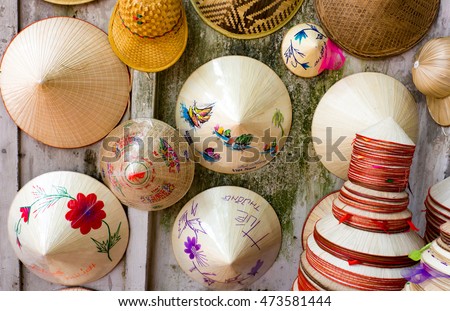 hats made from bamboo on Shop in Hanoi's Old Quarter.souvernir made from bamboo, this is Vietnam's culture