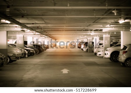 Many Cars In Parking Garage Interior Industrial Building Vintage Filter Effect Many Cars In Parking Garage Interior Industrial Building Vintage Filter Effect