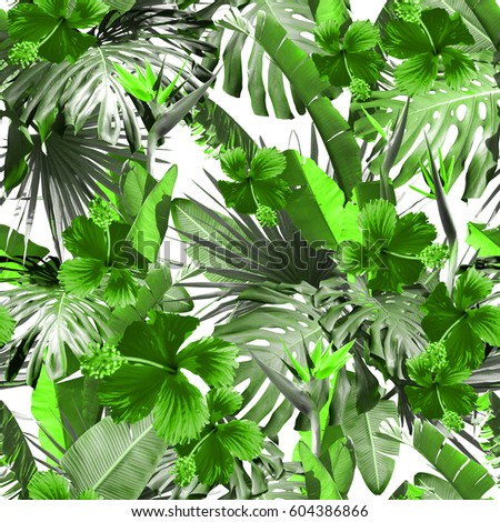 Tropical Floral Trendy Color Jungle Seamless Pattern Amazing Photo Collage Green Natural Print Wallpaper