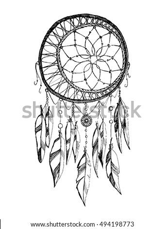 Hand Draw Rustic Dream Catcher Boho Style Vector Illustration On White Background Hand Draw Rustic Dream Catcher Boho Style Vector Illustration On White Background