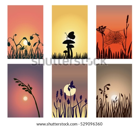 a set of silhouette landscapes with sunset or sunrise background showing field bugs, insects and beetles on flowers, grass and herbs; a vector illustration with hand drawn elements