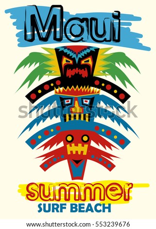 Maui Summer Surf Beachcartoon Tikis Tshirt Stock Vector ...