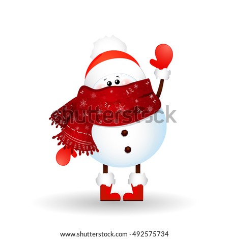 Christmas cute, little Snowman waving hand isolated on white background. vector cartoon illustration.